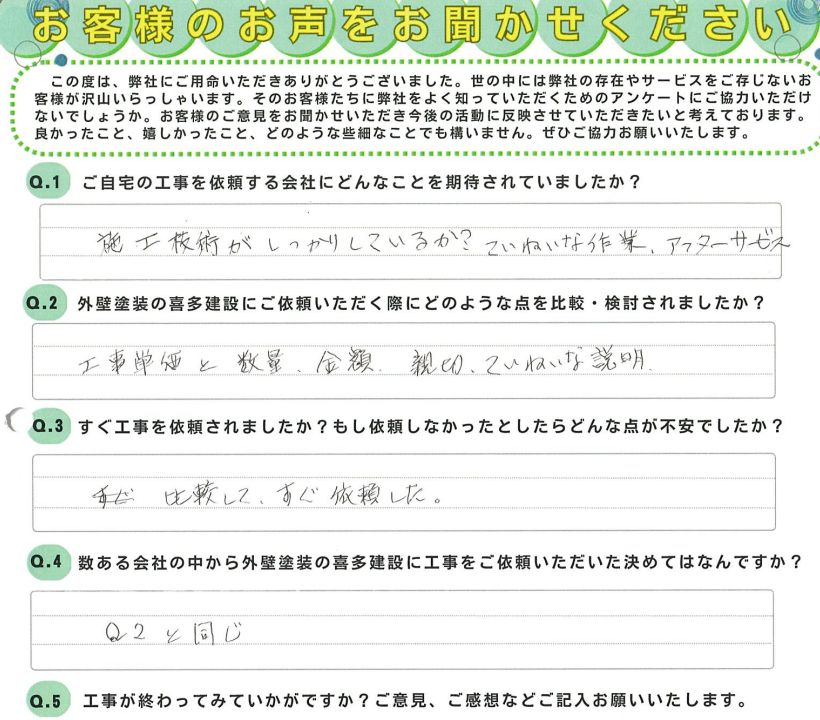 工事単価と数量、金額、親切丁寧な説明が決め手です